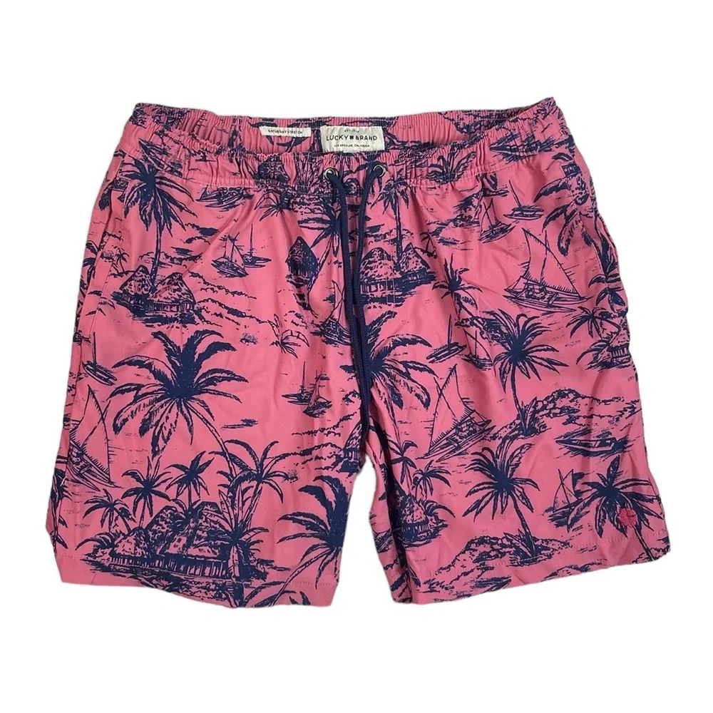 SH729 Men’s Lucky Brand Saturday Stretch Tropical Hawaiian Swim Trunks M
